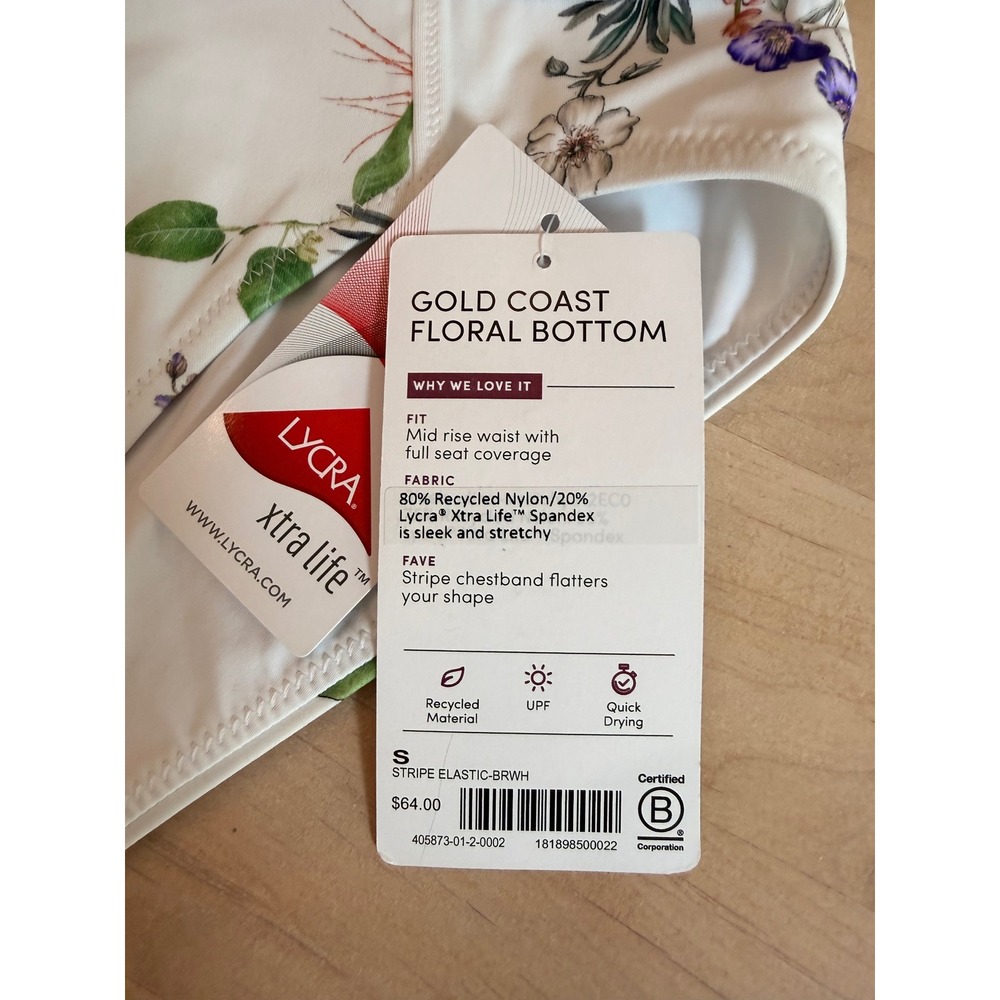 Athleta Gold Coast Floral Swim Bottom White Striped Mid Rise Full Coverage S NEW - Picture 4 of 5